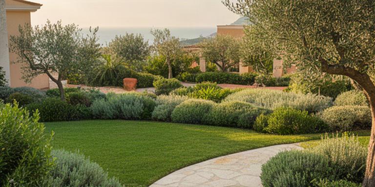 Giardino mediterraneo ad Agropoli con prato curato, aiuole verdi e percorso in pietra