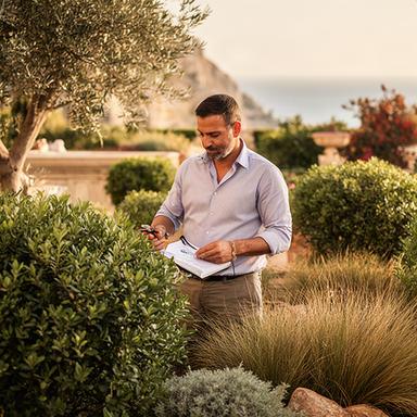 Marco al lavoro tra piante mediterranee in un giardino di Agropoli